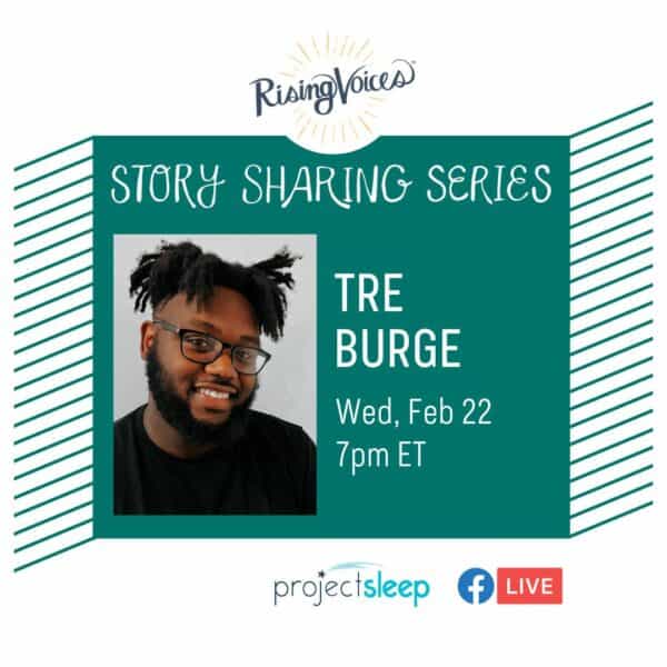 Rising Voices Story Sharing logo. Tre Burge, a Black man with short dreadlocks, a beard, and black rimmed glasses wearing a black t-shirt smiles for a professional photo. The event time and date are listed as Wednesday, February 22 at 7pm eastern time.