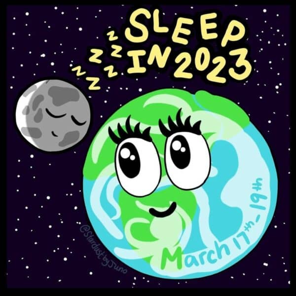 Sleep In 2023 graphic of a smiling earth looking at a happily sleeping moon.