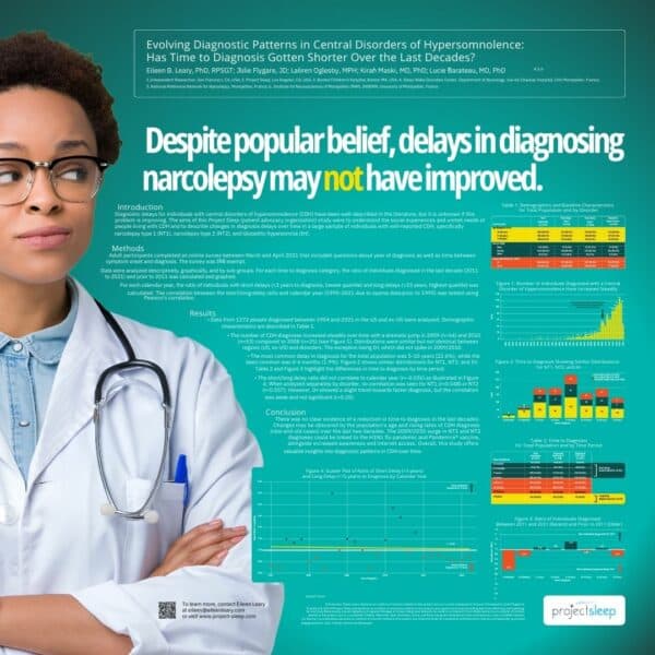 Image of doctor looking at text that reads: "Despite popular belief, delays in diagnosing narcolepsy may not have improved."