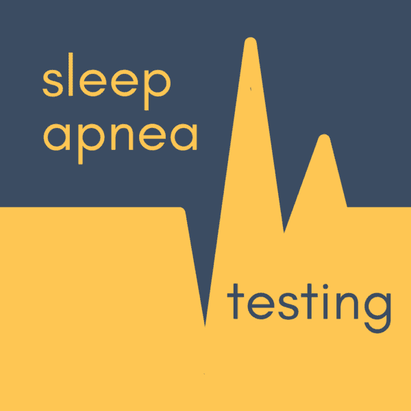 The title Sleep Apnea Testing is part of an abstract graphic showing a sleep wave test result